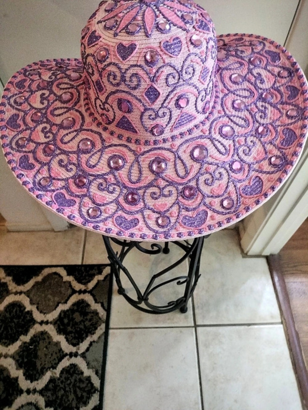 One of a kind Embellished Wide Brim Glitter Hat in Pink and purple